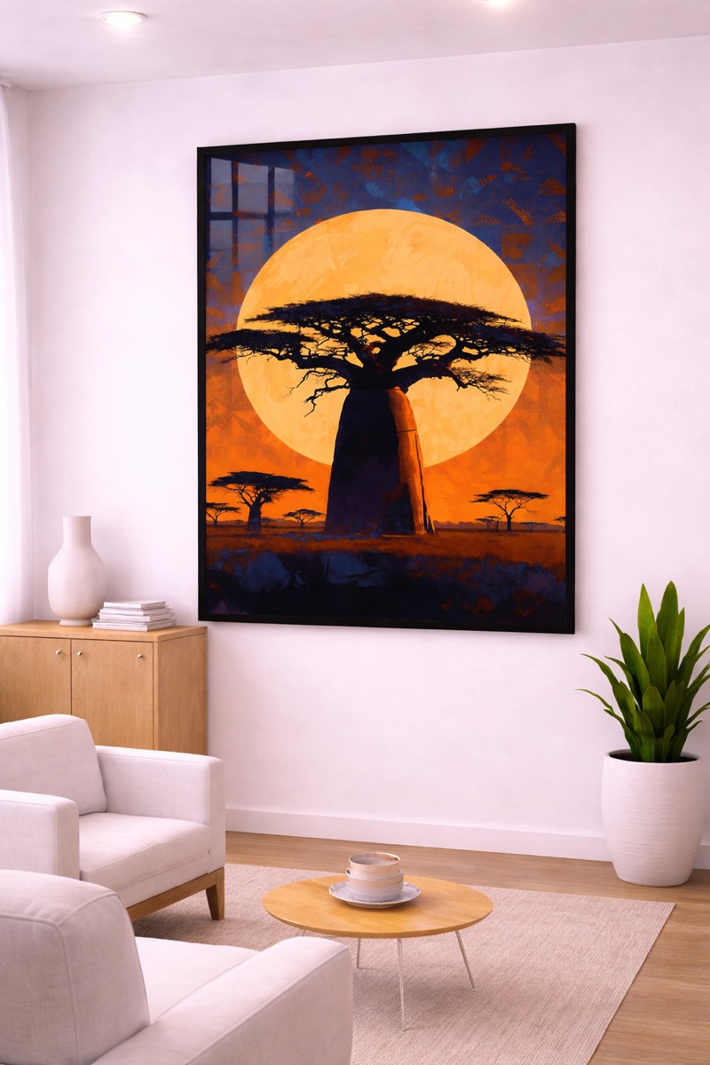 Tableau peint à la main, baobab du Sénégal sous la lune, dans un salon