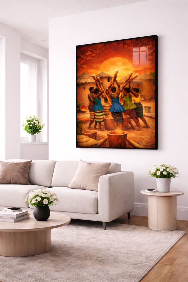 Tableau peint à la main, célébration africaine colorée, dans un salon moderne