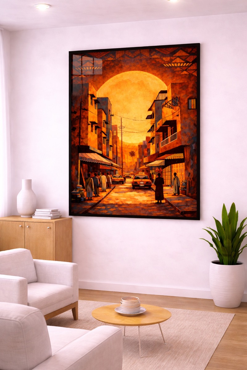 Tableau peint à la main, scène de rue africaine au crépuscule, dans un salon